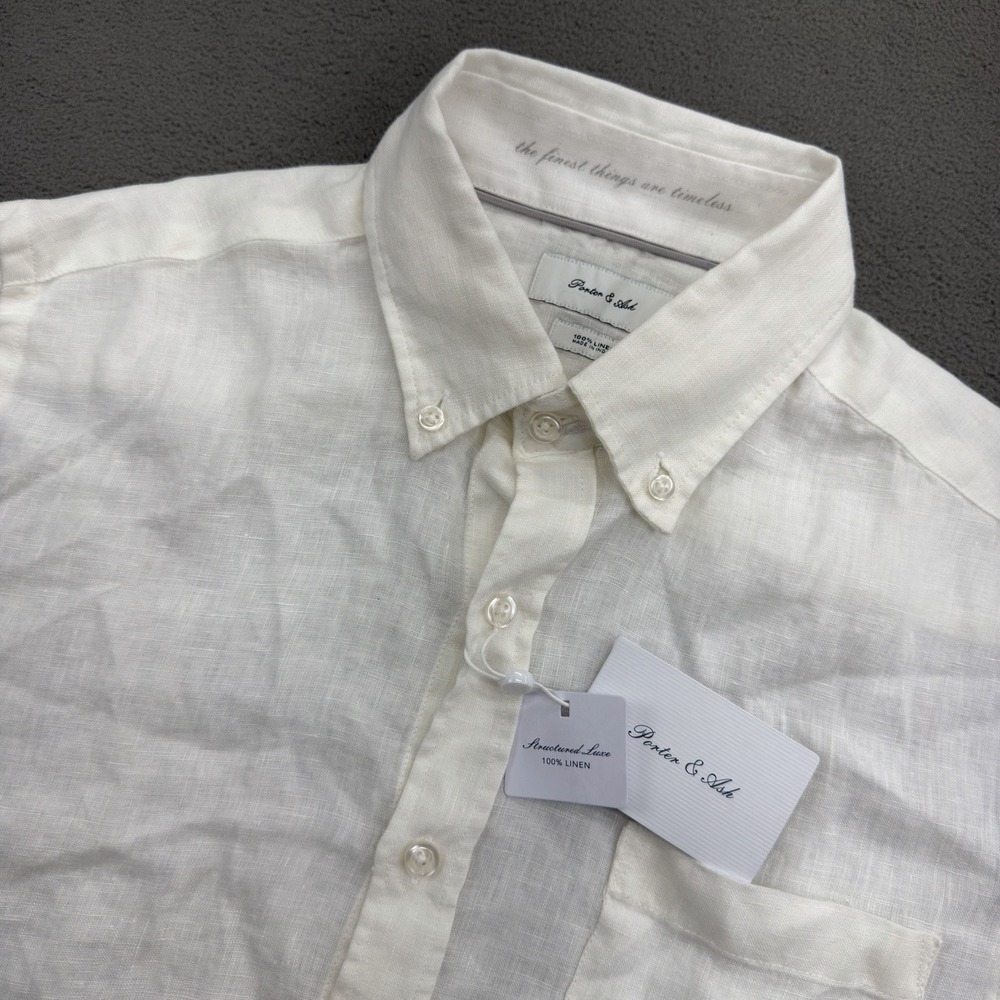 Porter & Ash Button Down Camp Shirt Mens M 100% Linen White Short Sleeve Beach